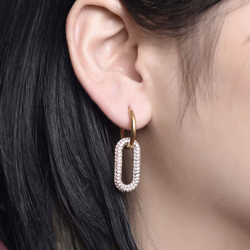 New Gold Color round Stainless Steel Hoop Earrings Zirconia Copper Oval Rectangle Earrings for Women Ear Clasp Jewelry