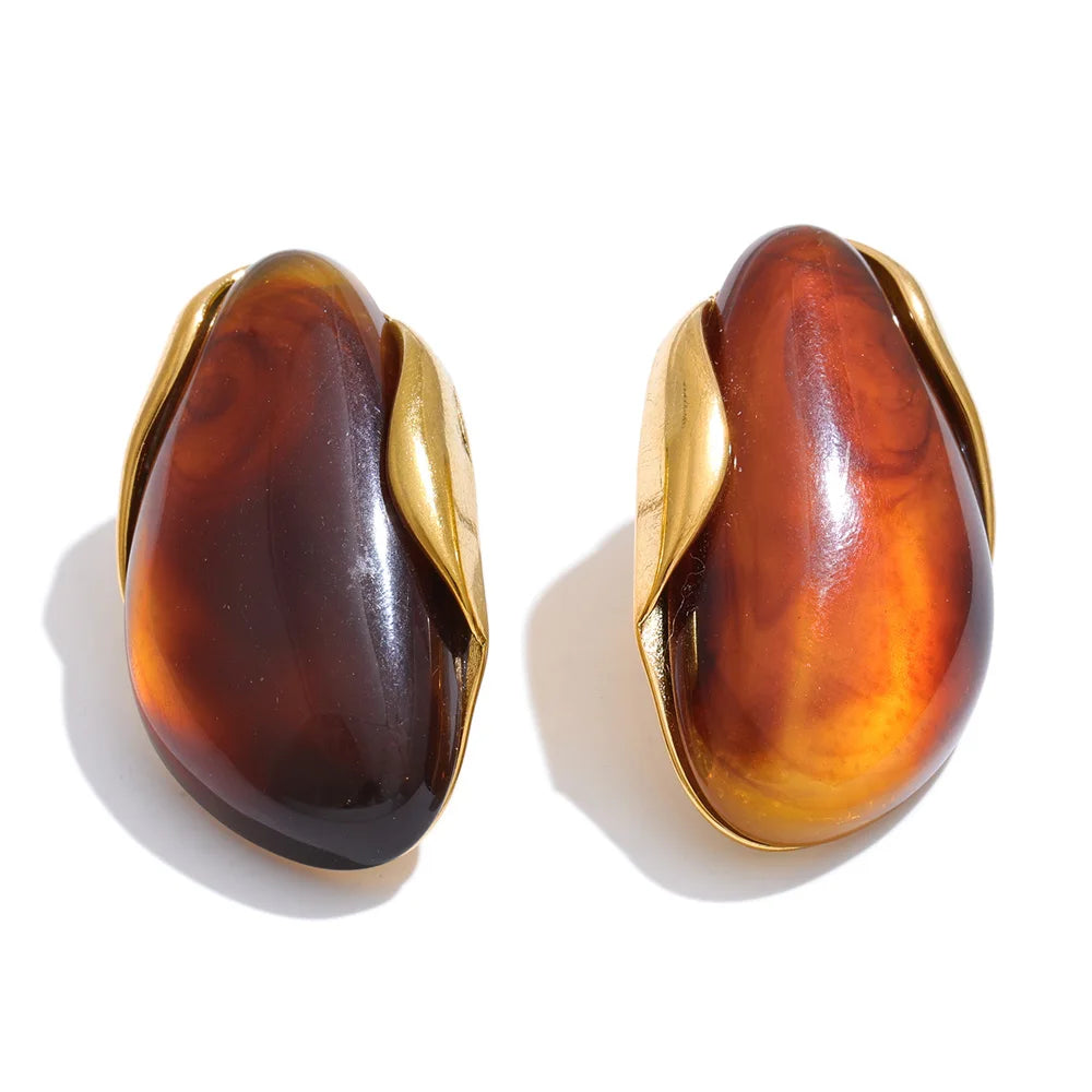 New Resin Geometric Stud Earrings for Women 18K Golden Plated Stainless Steel Fashion Daily Jewelry Brown Green Beige