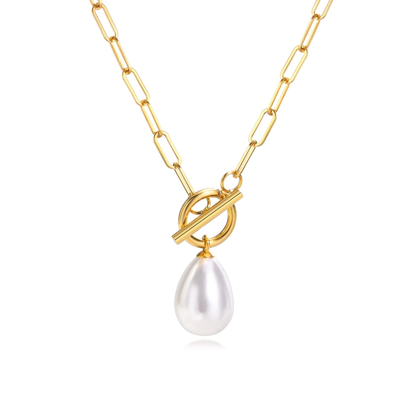 Mini Pearl Toggle Necklace for Women, Pearls Pendant, Stainless Steel Paperclip Chain Bridesmaid Gift