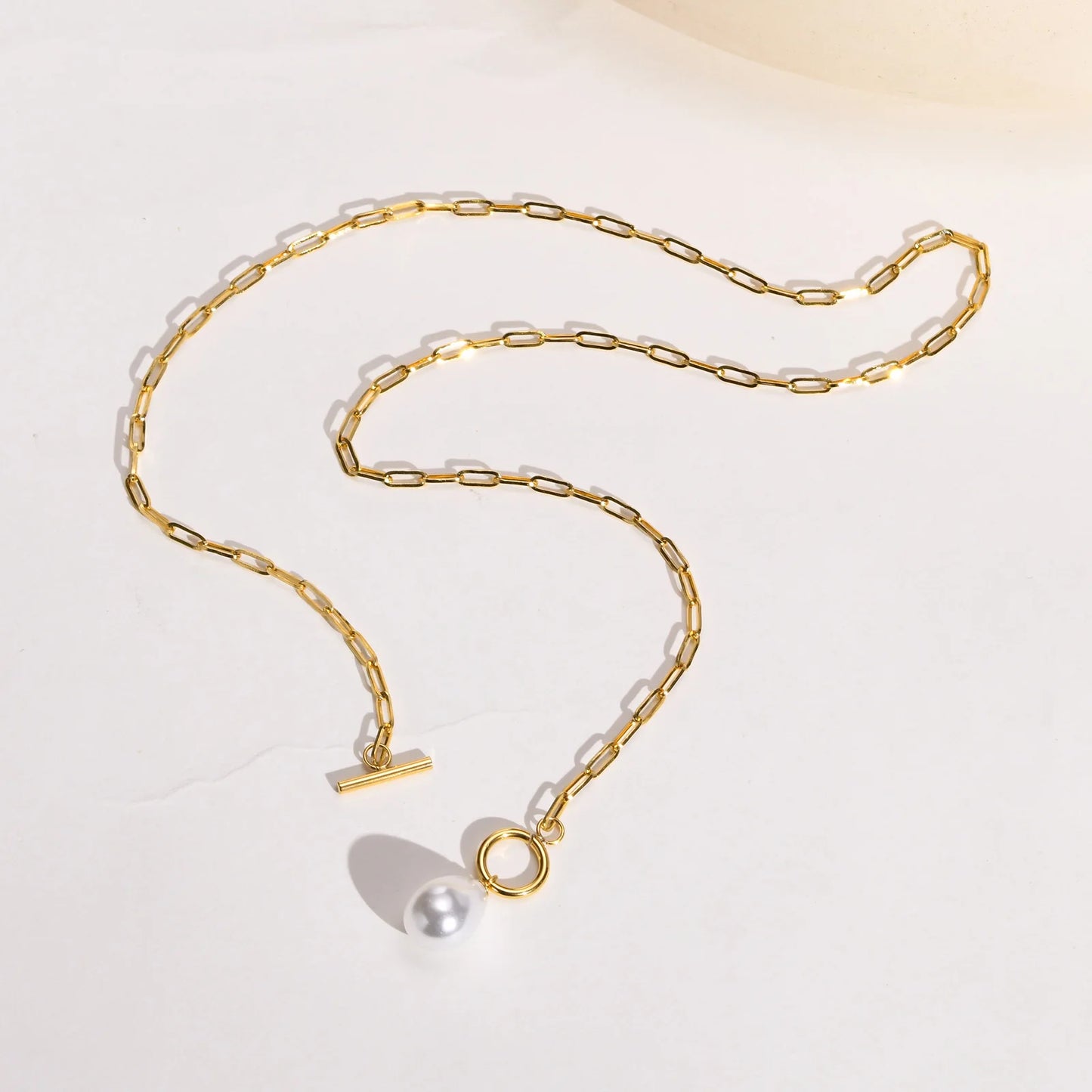 Mini Pearl Toggle Necklace for Women, Pearls Pendant, Stainless Steel Paperclip Chain Bridesmaid Gift