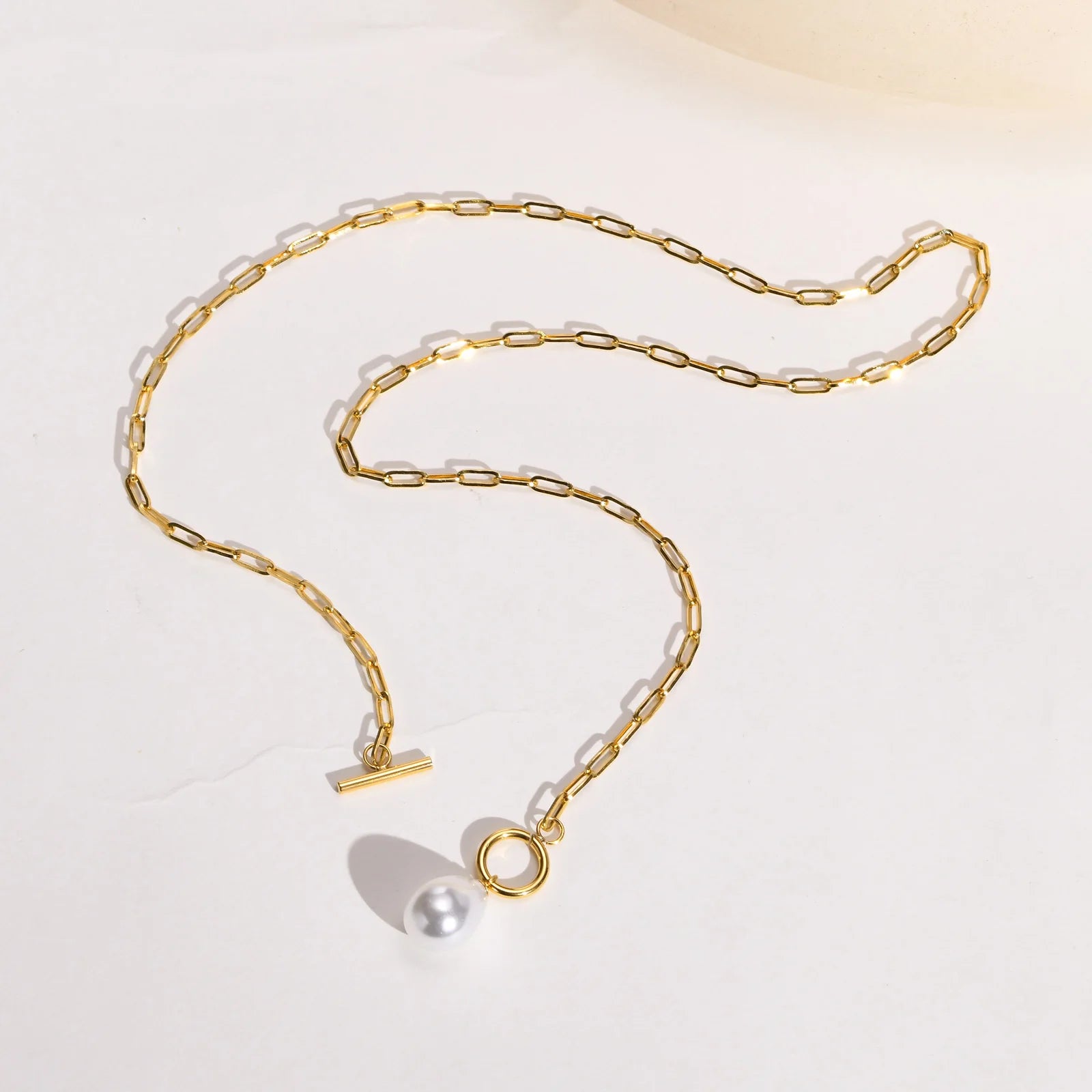 Mini Pearl Toggle Necklace for Women, Pearls Pendant, Stainless Steel Paperclip Chain Bridesmaid Gift