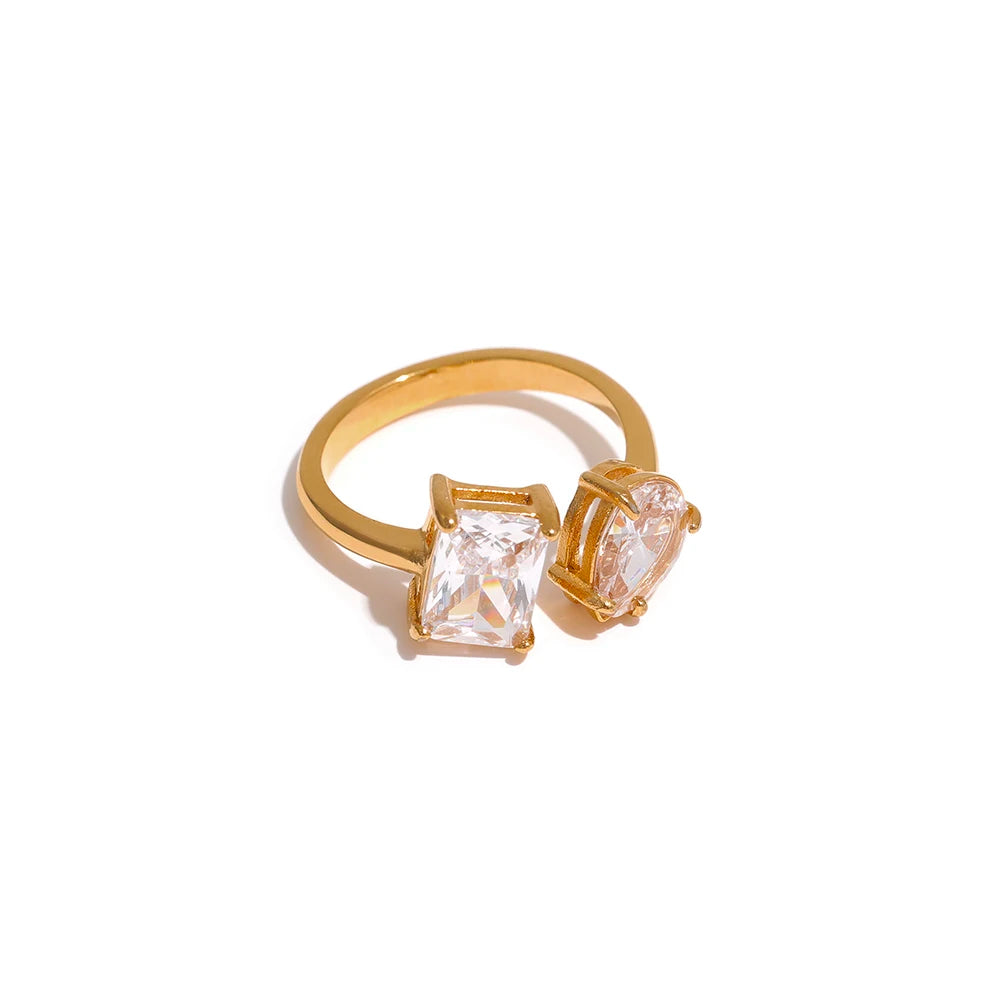 Waterproof Fashion Stainless Steel Pink Green Cubic Zirconia Adjustable Open Ring Gold Color Unique Bling Charm Jewelry