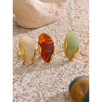 New Design Brown Green Beige Resin Geometric Adjustable Ring Golden PVD Stainless Steel Rust Proof Finger Jewelry Gift