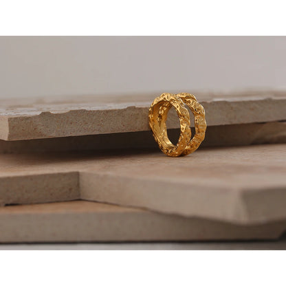 Stainless Steel round Rings for Women Gold Texture Metal 18 K Plated Statement Trendy Jewelry Bagues Pour Femme Gift