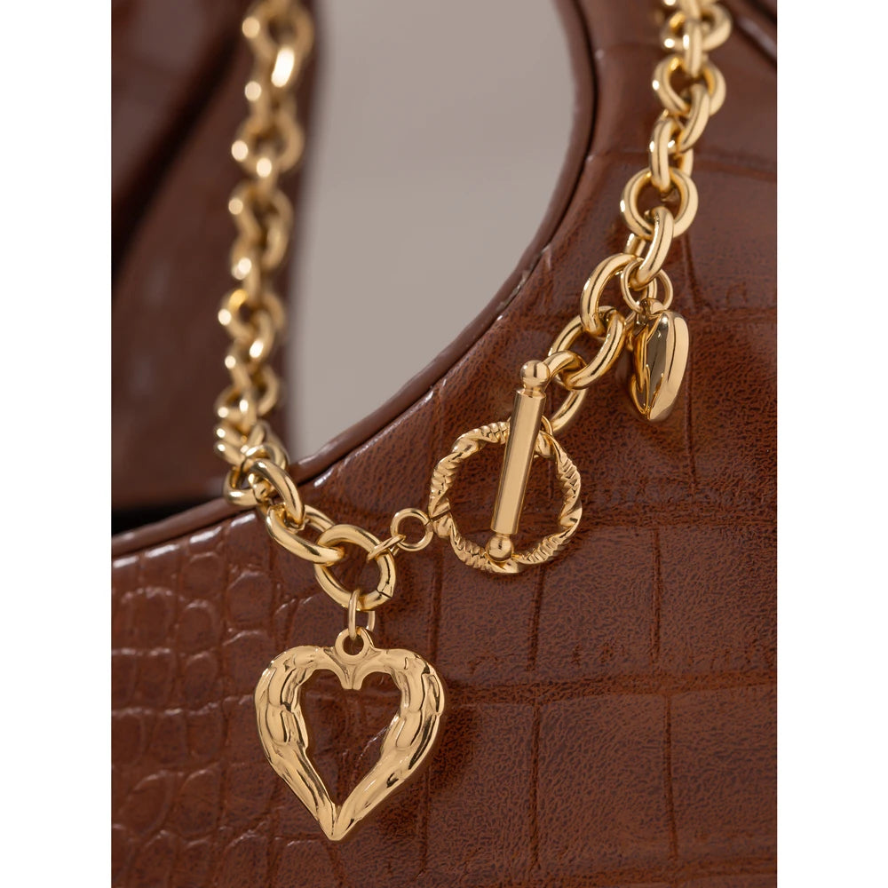 Golden Stainless Steel Heart Collares Statement Metal Texture Geometric Chain Collar Necklace Women Anniversary Gift New
