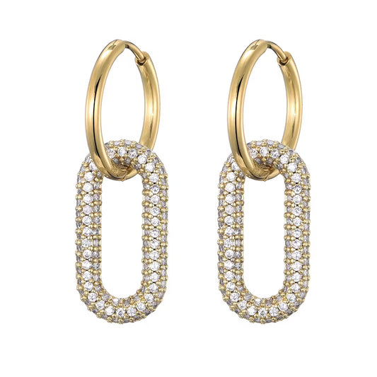 New Gold Color round Stainless Steel Hoop Earrings Zirconia Copper Oval Rectangle Earrings for Women Ear Clasp Jewelry