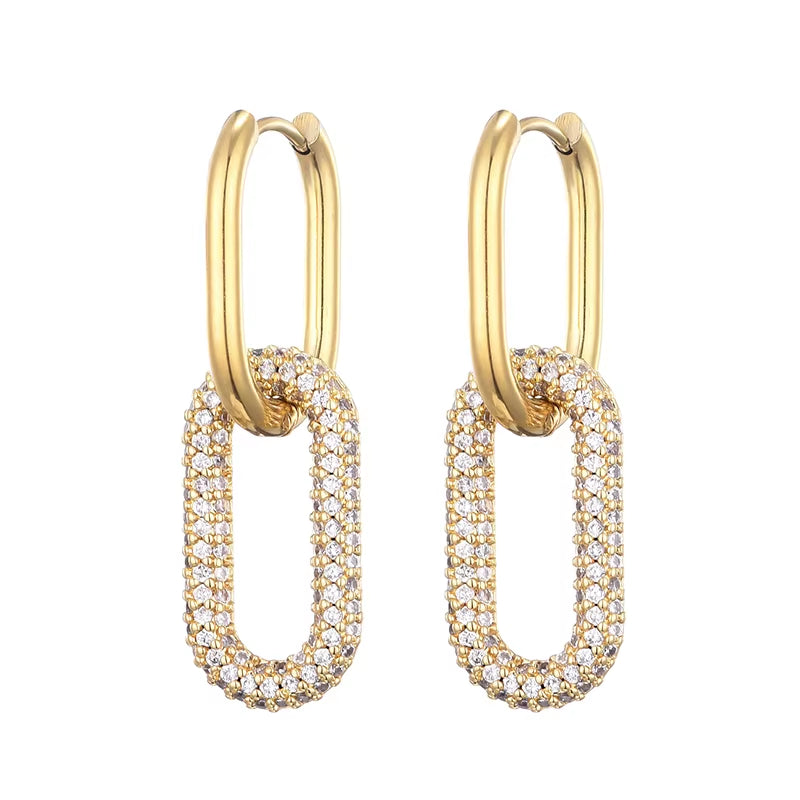 New Gold Color round Stainless Steel Hoop Earrings Zirconia Copper Oval Rectangle Earrings for Women Ear Clasp Jewelry
