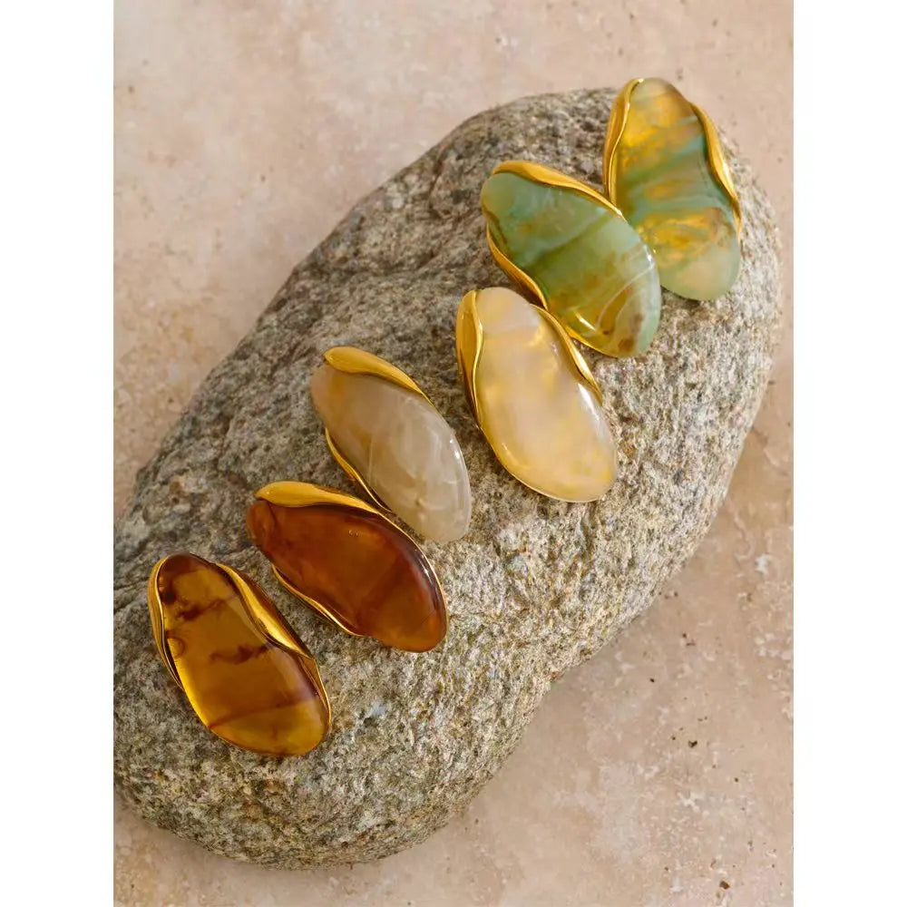 New Resin Geometric Stud Earrings for Women 18K Golden Plated Stainless Steel Fashion Daily Jewelry Brown Green Beige