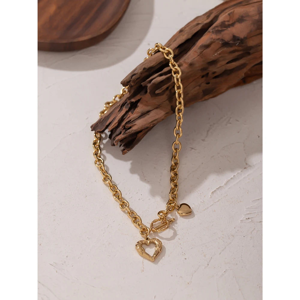 Golden Stainless Steel Heart Collares Statement Metal Texture Geometric Chain Collar Necklace Women Anniversary Gift New