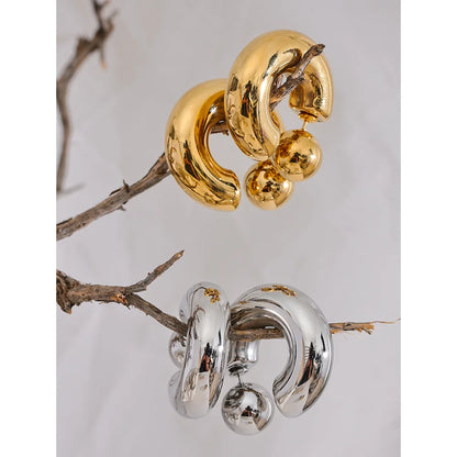 Stainless Steel C Shape round Chunky Unusual Earrings Jewelry Waterproof Metal Texture Attractive Women Accessories Gift