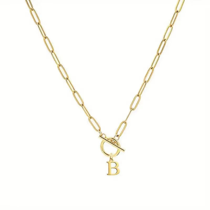 English Letter Initial Necklace 18K Gold Plated Stainless Steel OT Clasp Paper Clip Chain Necklace for Women