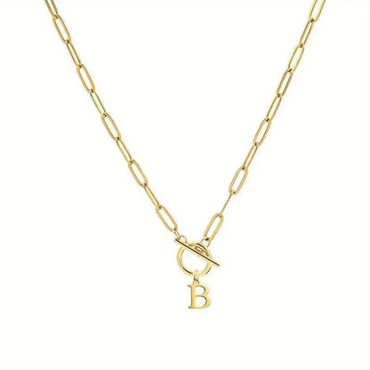 English Letter Initial Necklace 18K Gold Plated Stainless Steel OT Clasp Paper Clip Chain Necklace for Women