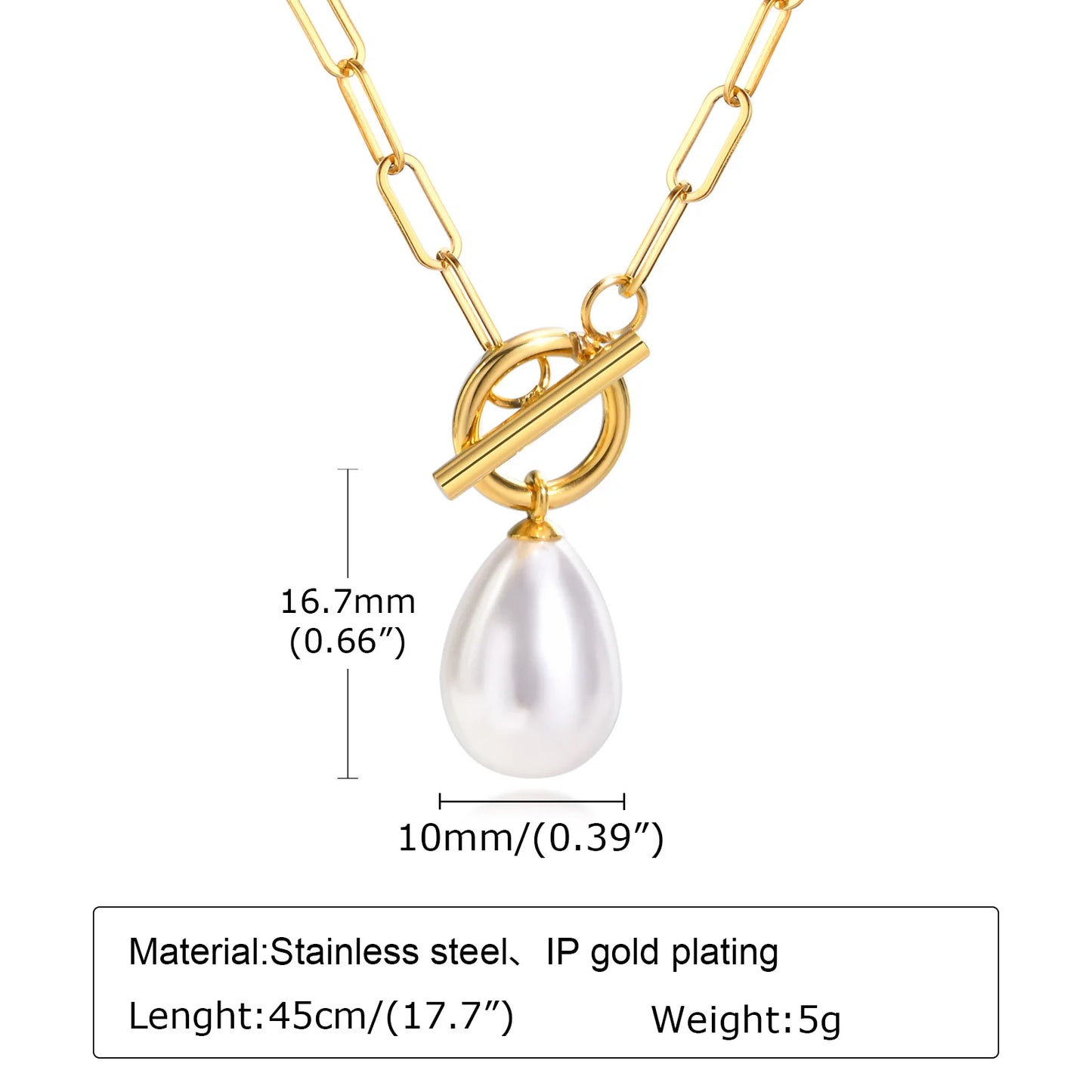 Mini Pearl Toggle Necklace for Women, Pearls Pendant, Stainless Steel Paperclip Chain Bridesmaid Gift