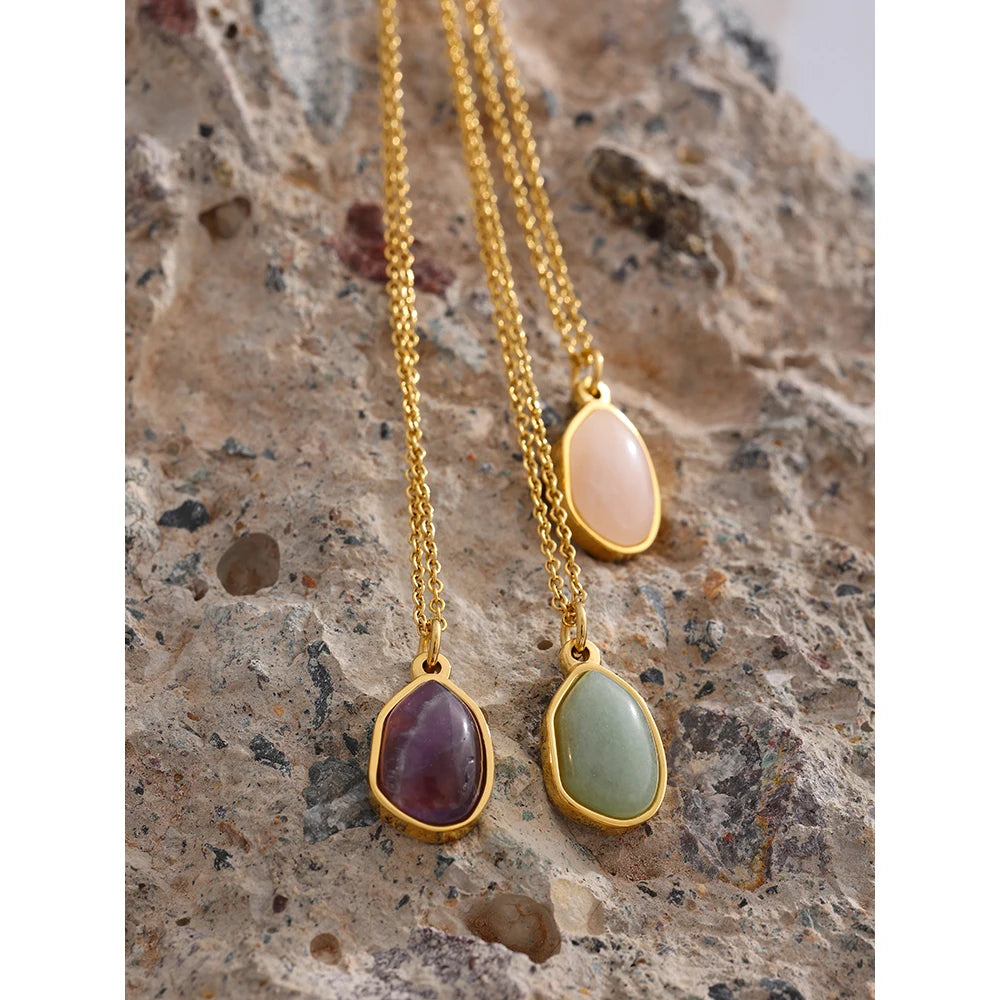 Stainless Steel Crystal Green Purple Natural Stone Pendant Simple Necklace Fashion Women Waterdrop Charm Collar Jewelry