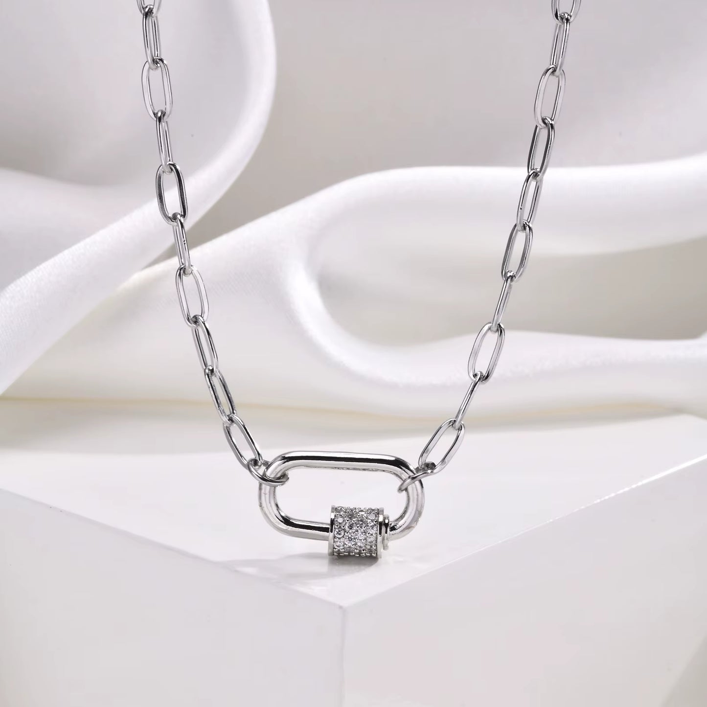 Pave Zircon Pin Pendant Neckalce for Women, Adjustable Stainless Steel Paperclip Chain Wholesale Jewelry