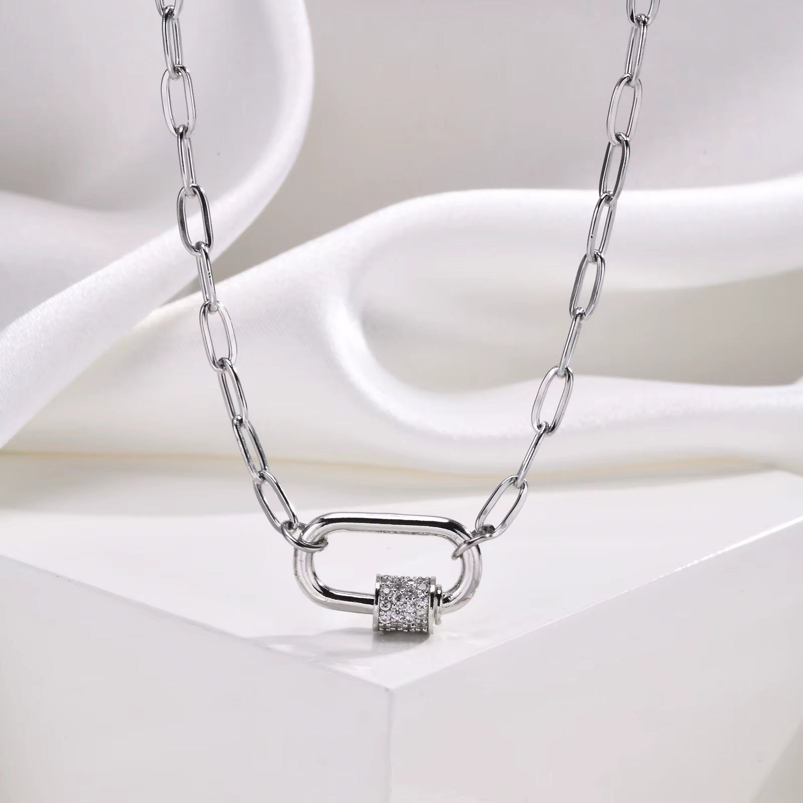 Pave Zircon Pin Pendant Neckalce for Women, Adjustable Stainless Steel Paperclip Chain Wholesale Jewelry