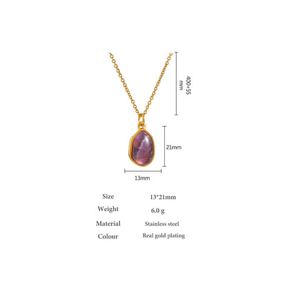 Stainless Steel Crystal Green Purple Natural Stone Pendant Simple Necklace Fashion Women Waterdrop Charm Collar Jewelry