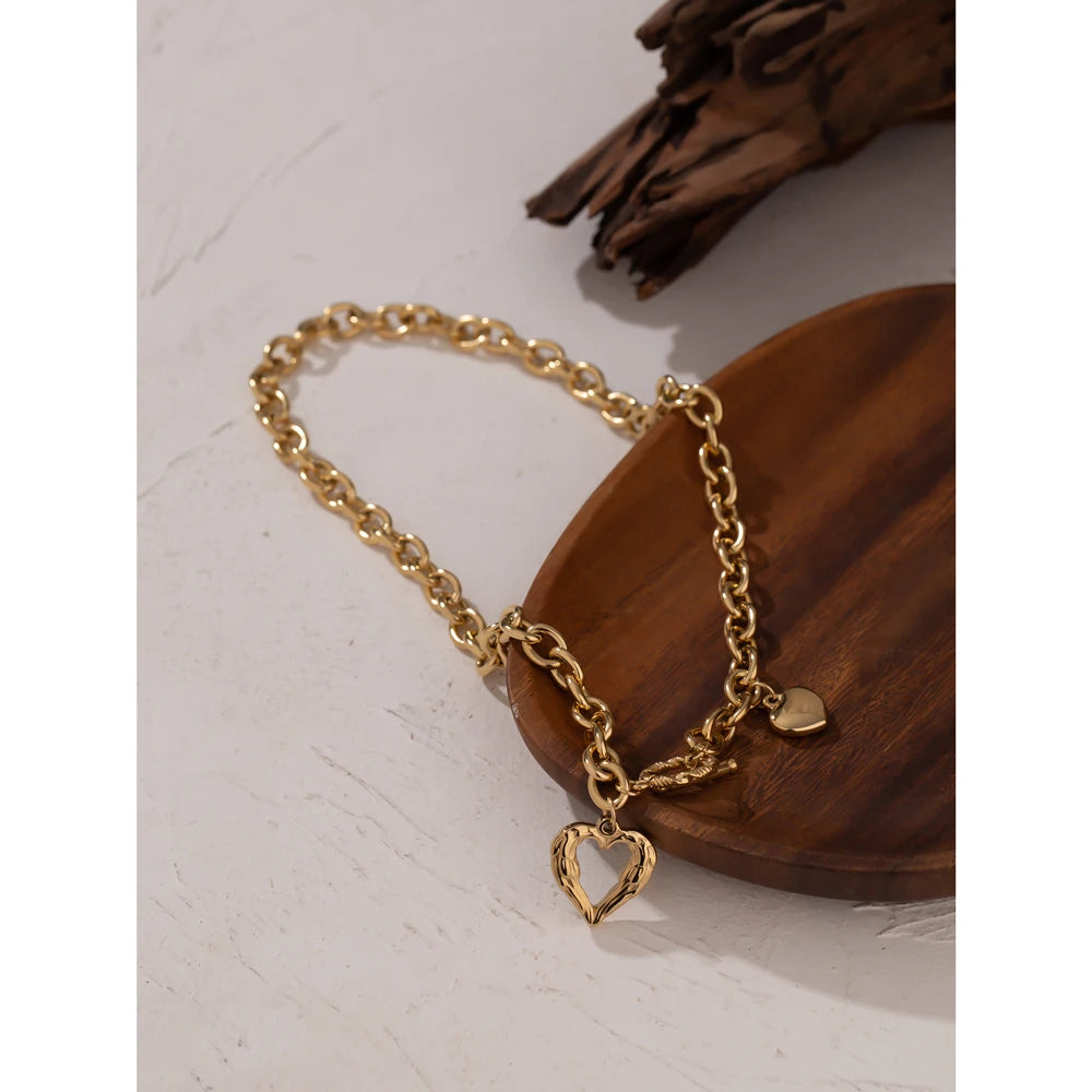 Golden Stainless Steel Heart Collares Statement Metal Texture Geometric Chain Collar Necklace Women Anniversary Gift New