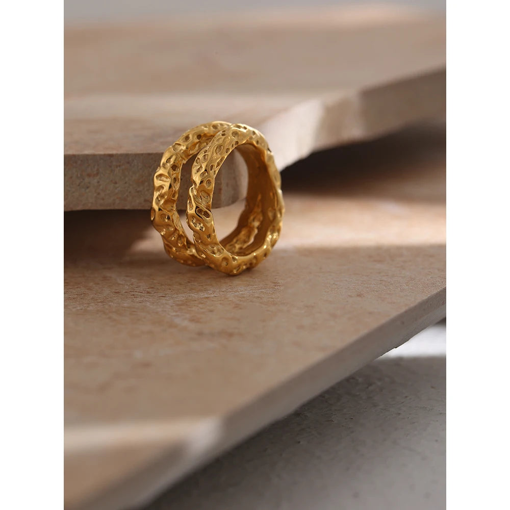 Stainless Steel round Rings for Women Gold Texture Metal 18 K Plated Statement Trendy Jewelry Bagues Pour Femme Gift