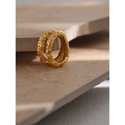 Stainless Steel round Rings for Women Gold Texture Metal 18 K Plated Statement Trendy Jewelry Bagues Pour Femme Gift