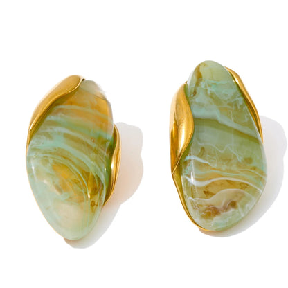 New Resin Geometric Stud Earrings for Women 18K Golden Plated Stainless Steel Fashion Daily Jewelry Brown Green Beige