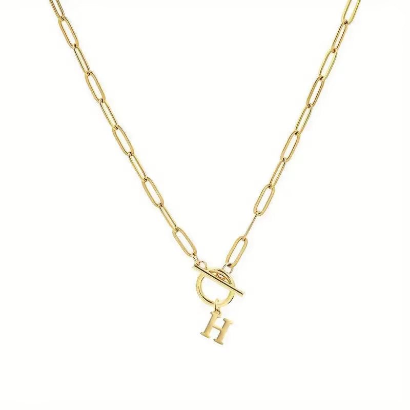 English Letter Initial Necklace 18K Gold Plated Stainless Steel OT Clasp Paper Clip Chain Necklace for Women
