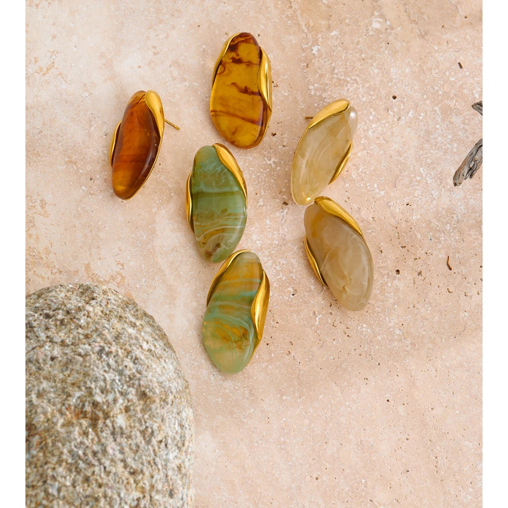 New Resin Geometric Stud Earrings for Women 18K Golden Plated Stainless Steel Fashion Daily Jewelry Brown Green Beige