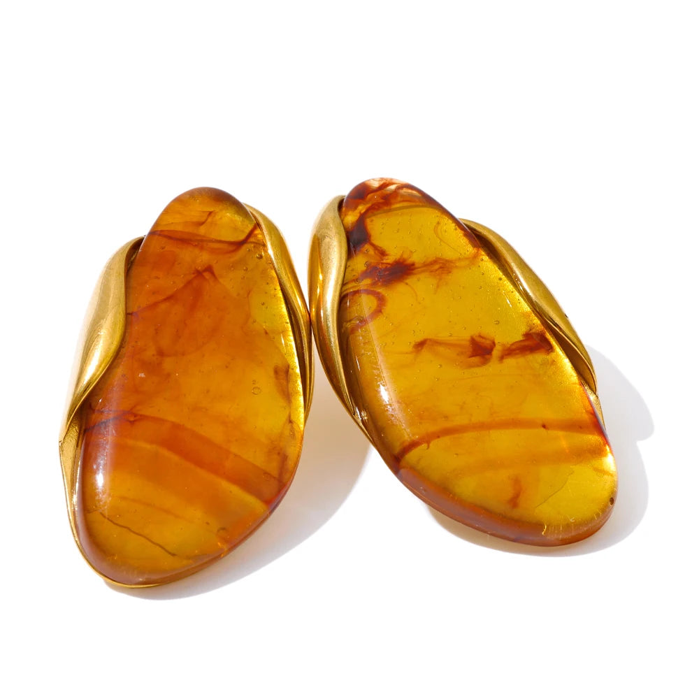 New Resin Geometric Stud Earrings for Women 18K Golden Plated Stainless Steel Fashion Daily Jewelry Brown Green Beige