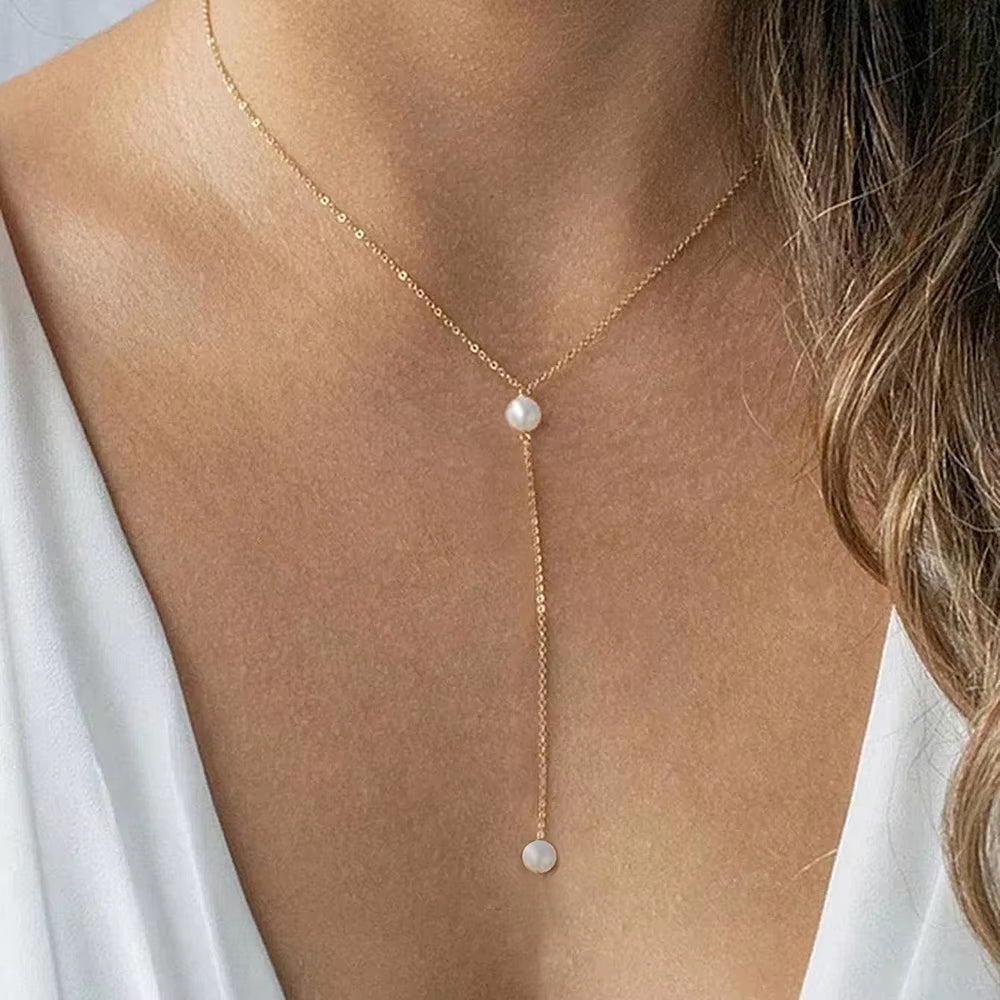 Exquisite Imitation Pearl Pendant Y-Shaped Necklace for Women Stainless Steel Fashionable Light Luxury Collarbone Chain
