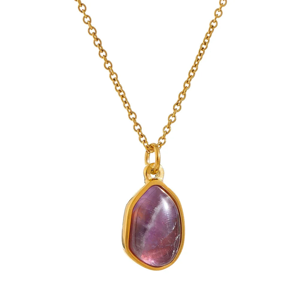 Stainless Steel Crystal Green Purple Natural Stone Pendant Simple Necklace Fashion Women Waterdrop Charm Collar Jewelry