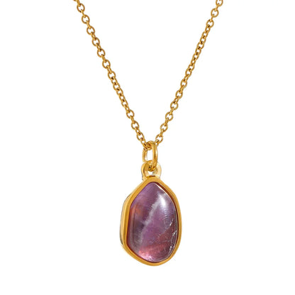 Stainless Steel Crystal Green Purple Natural Stone Pendant Simple Necklace Fashion Women Waterdrop Charm Collar Jewelry