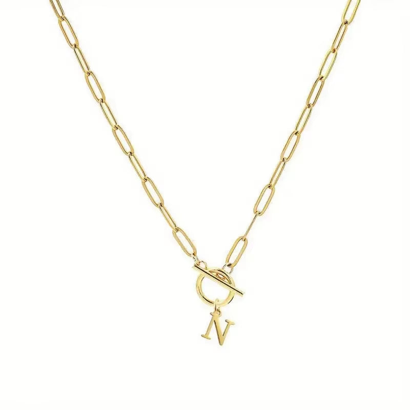 English Letter Initial Necklace 18K Gold Plated Stainless Steel OT Clasp Paper Clip Chain Necklace for Women