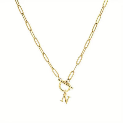English Letter Initial Necklace 18K Gold Plated Stainless Steel OT Clasp Paper Clip Chain Necklace for Women