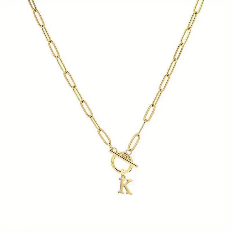 English Letter Initial Necklace 18K Gold Plated Stainless Steel OT Clasp Paper Clip Chain Necklace for Women