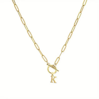 English Letter Initial Necklace 18K Gold Plated Stainless Steel OT Clasp Paper Clip Chain Necklace for Women