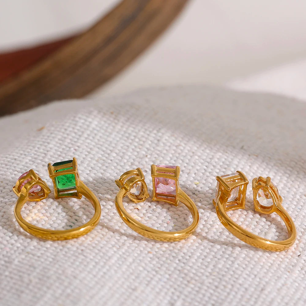 Waterproof Fashion Stainless Steel Pink Green Cubic Zirconia Adjustable Open Ring Gold Color Unique Bling Charm Jewelry
