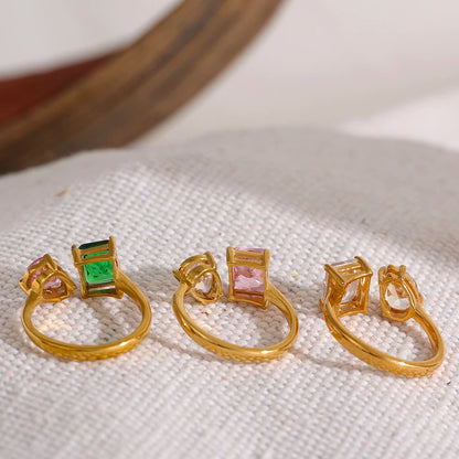 Waterproof Fashion Stainless Steel Pink Green Cubic Zirconia Adjustable Open Ring Gold Color Unique Bling Charm Jewelry