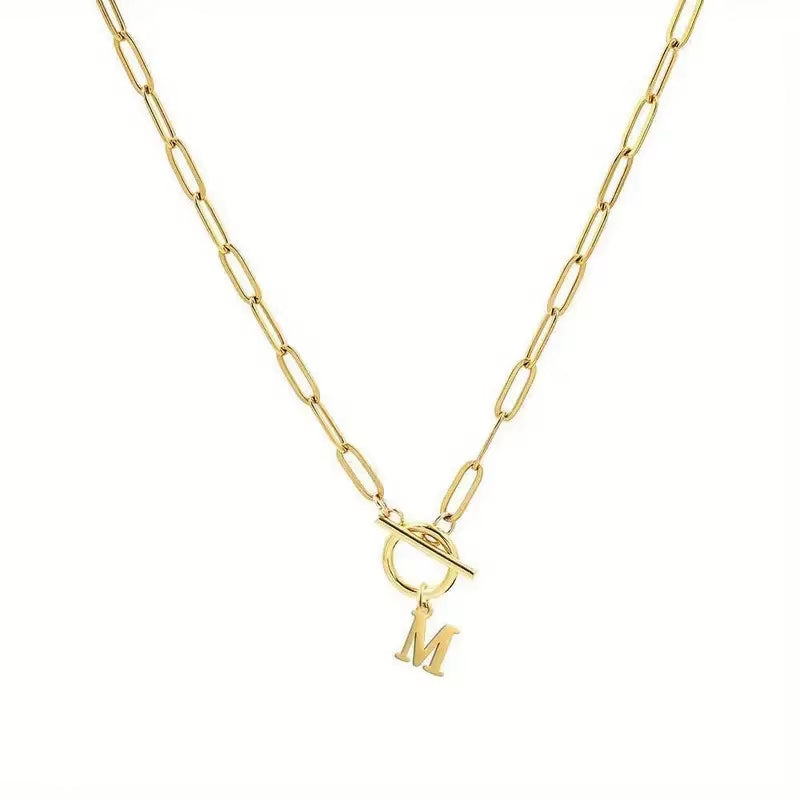 English Letter Initial Necklace 18K Gold Plated Stainless Steel OT Clasp Paper Clip Chain Necklace for Women
