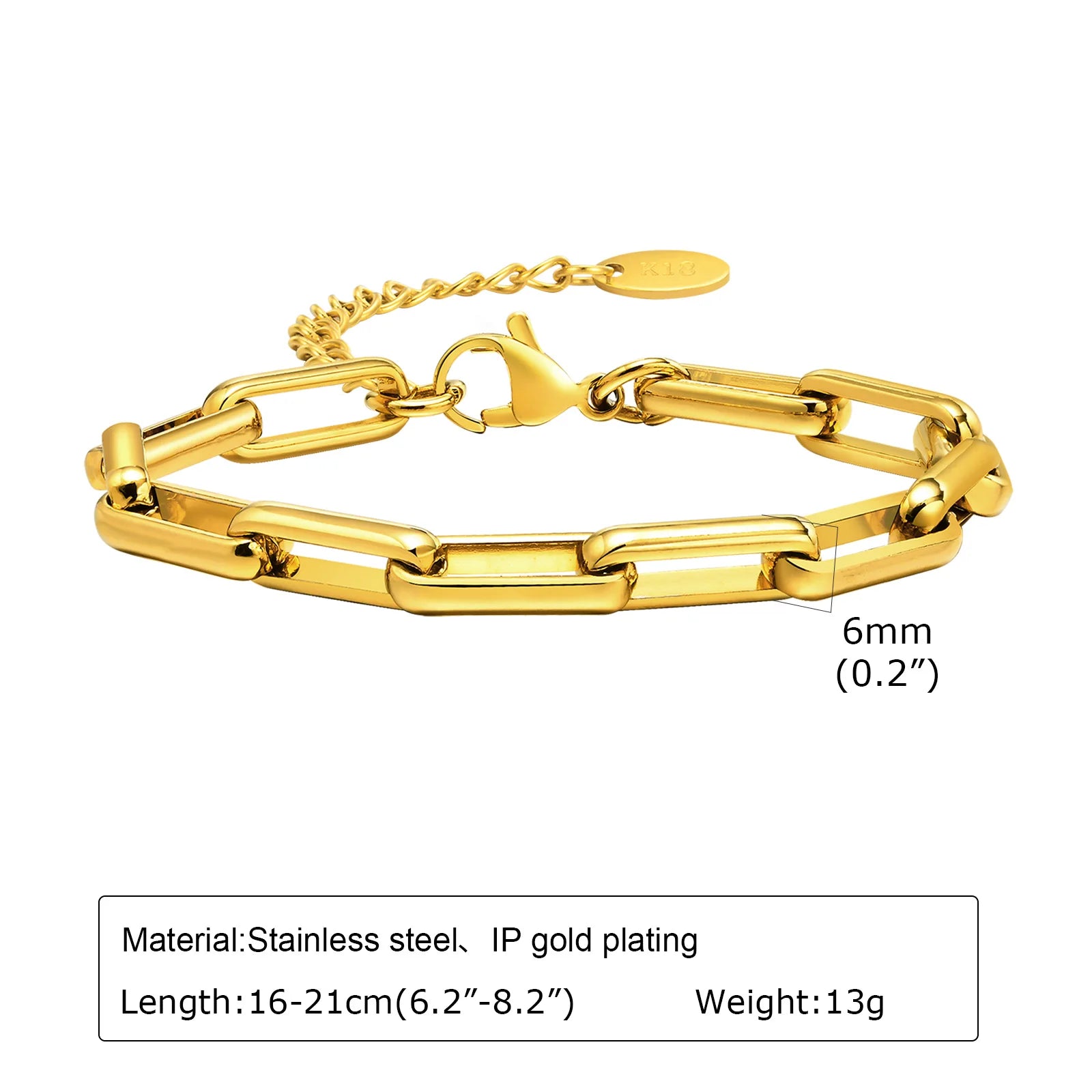 6Mm Paperclip Chain Bracelet 18K Gold Plated Stainless Steel Link Adjustable Stackable Jewelry for Women Girls Gift