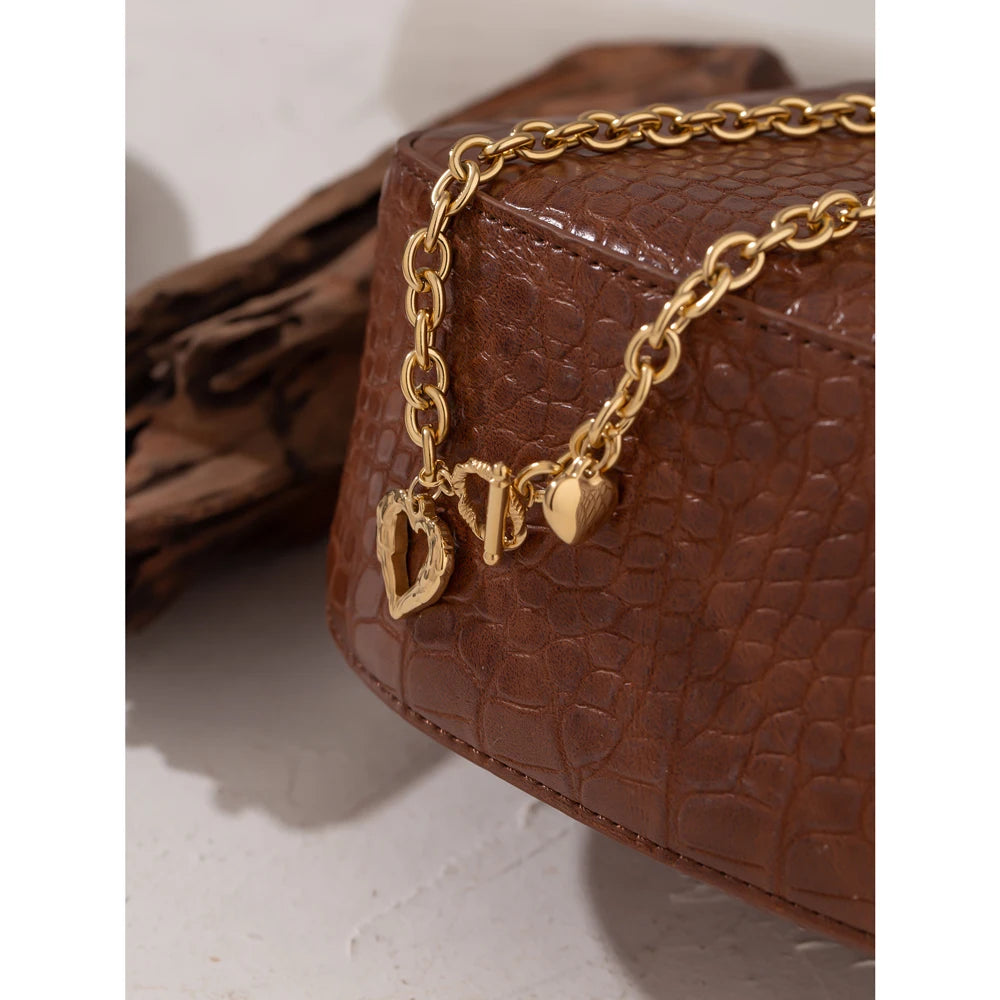Golden Stainless Steel Heart Collares Statement Metal Texture Geometric Chain Collar Necklace Women Anniversary Gift New