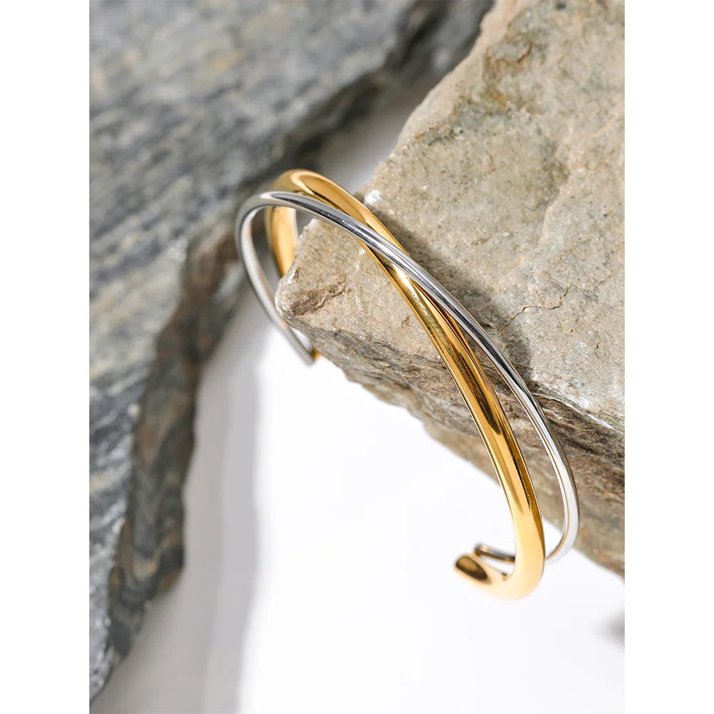 Waterproof 18K Gold Plated Geometric Stainless Steel Double Color Cuff Bracelet Bangle Statement Charm Texture Jewelry New