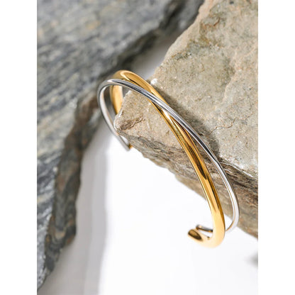 Waterproof 18K Gold Plated Geometric Stainless Steel Double Color Cuff Bracelet Bangle Statement Charm Texture Jewelry New