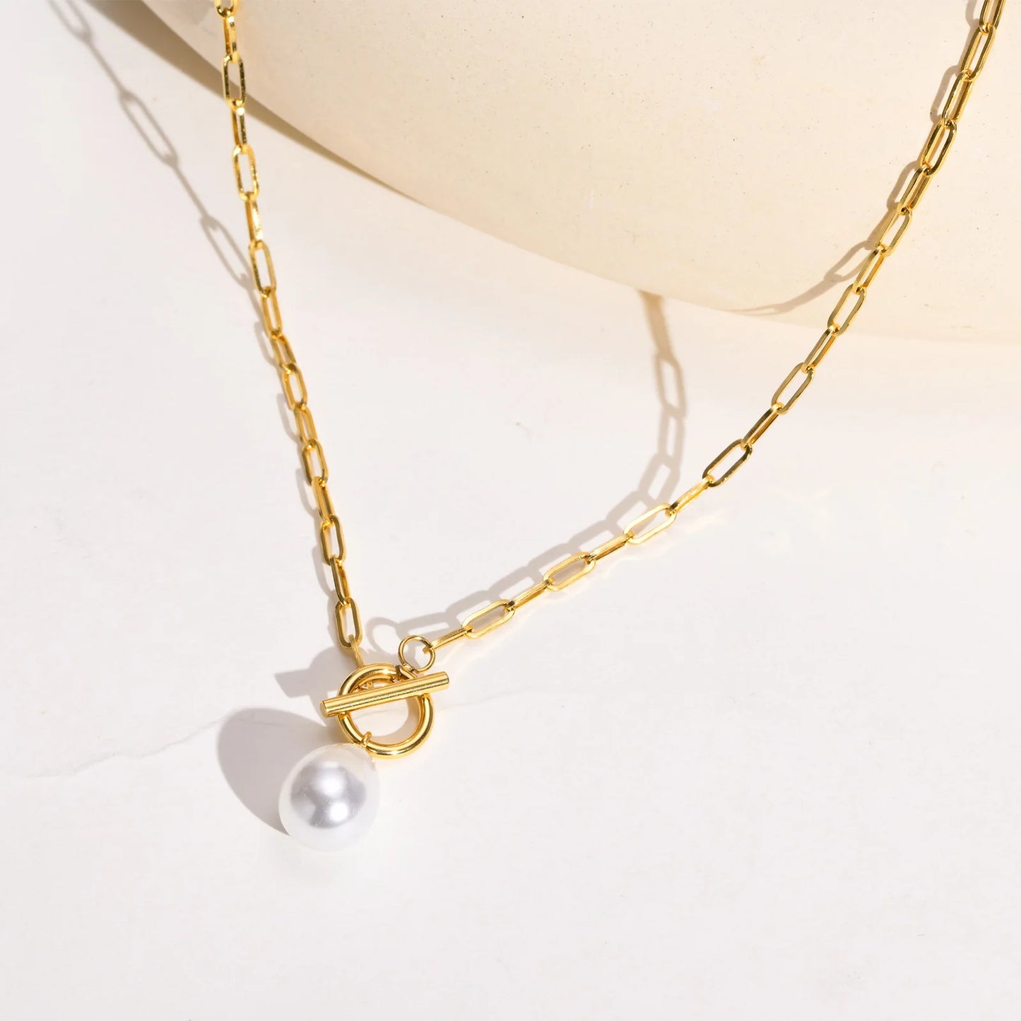 Mini Pearl Toggle Necklace for Women, Pearls Pendant, Stainless Steel Paperclip Chain Bridesmaid Gift