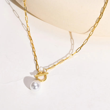 Mini Pearl Toggle Necklace for Women, Pearls Pendant, Stainless Steel Paperclip Chain Bridesmaid Gift