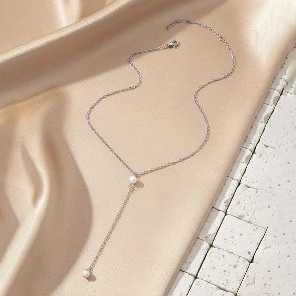 Exquisite Imitation Pearl Pendant Y-Shaped Necklace for Women Stainless Steel Fashionable Light Luxury Collarbone Chain