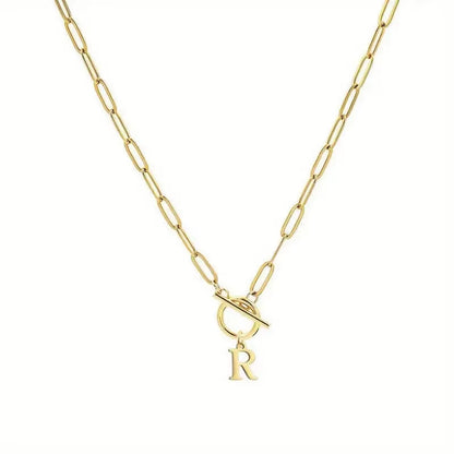 English Letter Initial Necklace 18K Gold Plated Stainless Steel OT Clasp Paper Clip Chain Necklace for Women
