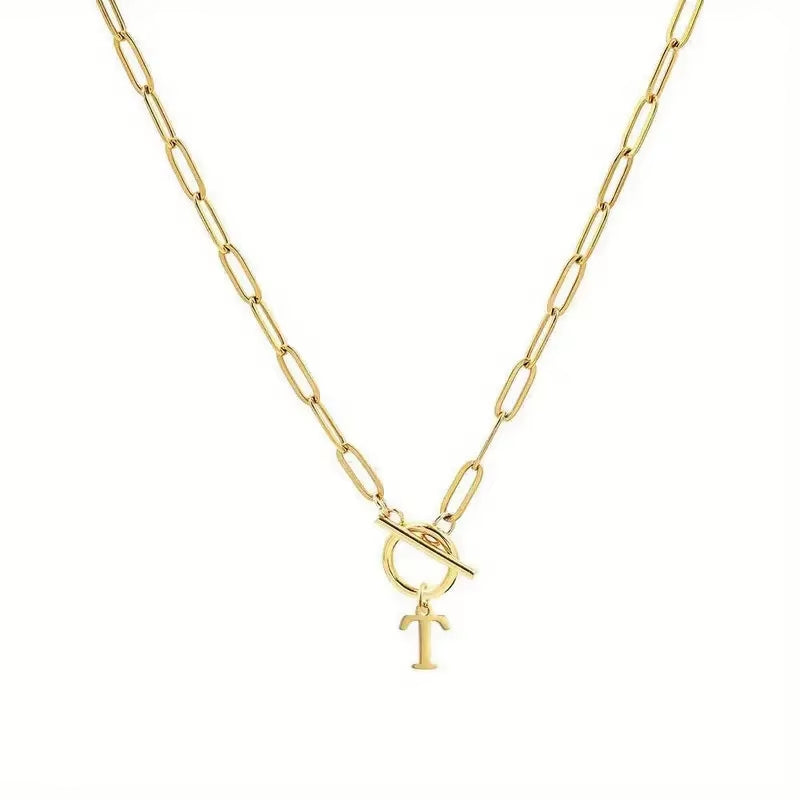 English Letter Initial Necklace 18K Gold Plated Stainless Steel OT Clasp Paper Clip Chain Necklace for Women
