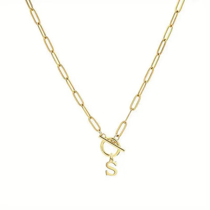 English Letter Initial Necklace 18K Gold Plated Stainless Steel OT Clasp Paper Clip Chain Necklace for Women