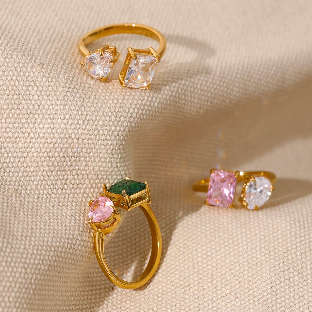 Waterproof Fashion Stainless Steel Pink Green Cubic Zirconia Adjustable Open Ring Gold Color Unique Bling Charm Jewelry