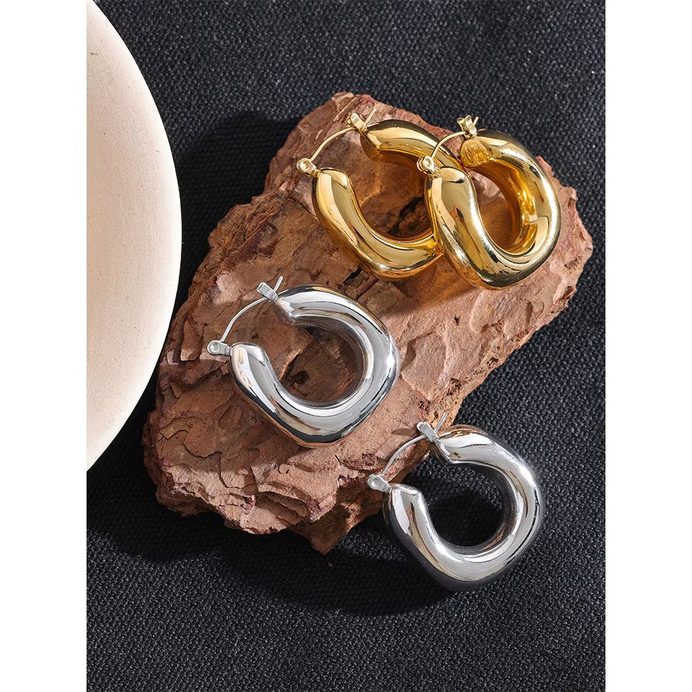 High Quality Stainless Steel round Geometric Chunky Hoops Earrings for Women Charm Metal Simple Fashion Jewelry Waterproof